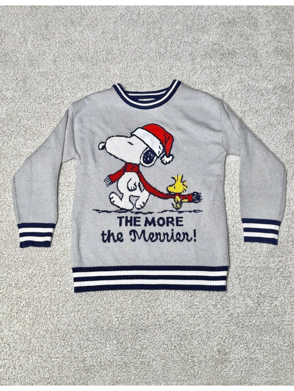 Peanuts Snoopy Christmas Sweater Kids Size 7/8 Gray Holiday Woodstock